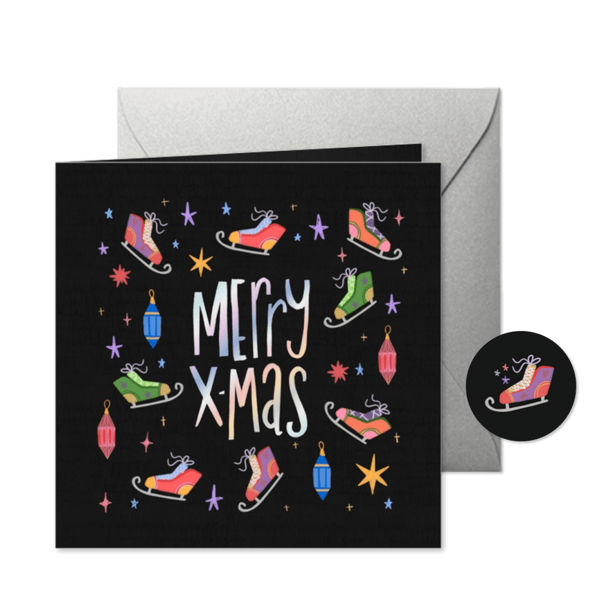 Weihnachtskarte Schlittschuhe & Weihnachtskugeln - Karteneindruck