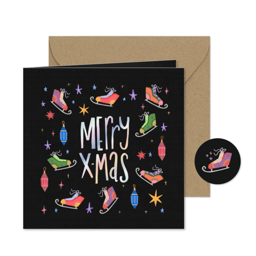 Weihnachtskarte Schlittschuhe & Weihnachtskugeln - Karteneindruck