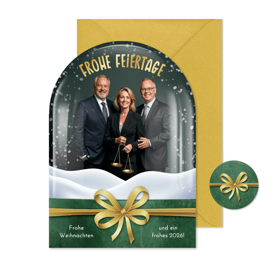 Weihnachtskarte Schneekugel mit Foto goldene Schleife Bogen - Karteneindruck
