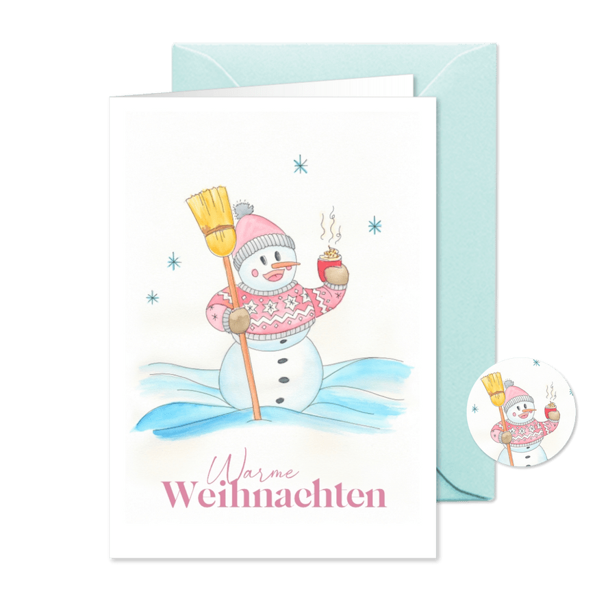 Weihnachtskarte Schneemann mit heißer Schokolade - Karteneindruck
