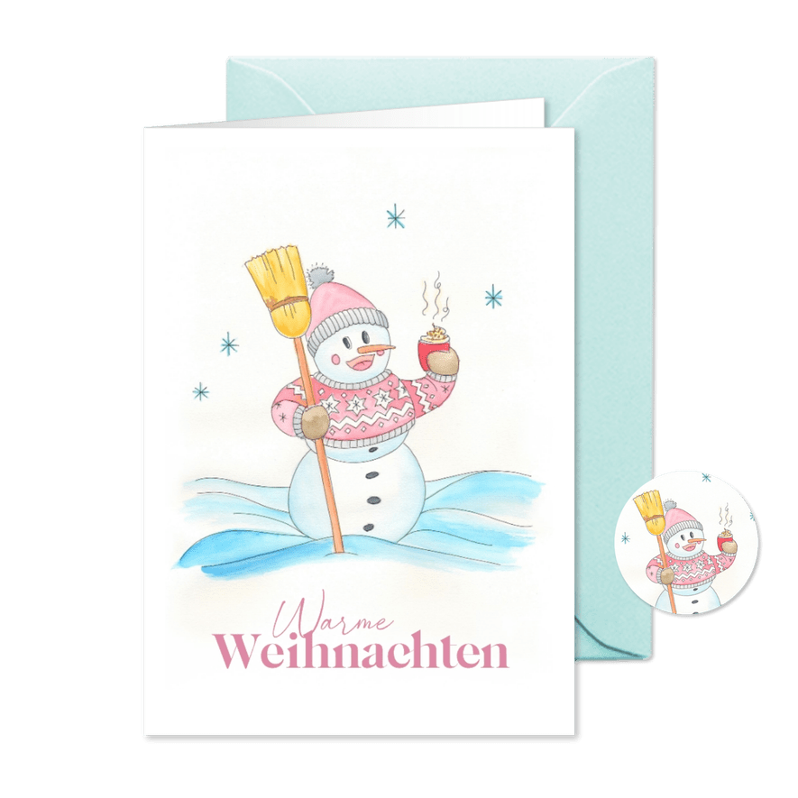 Weihnachtskarte Schneemann mit heißer Schokolade - Karteneindruck