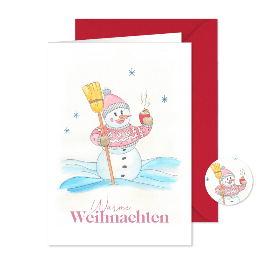 Weihnachtskarte Schneemann mit heißer Schokolade - Kartenvorschau
