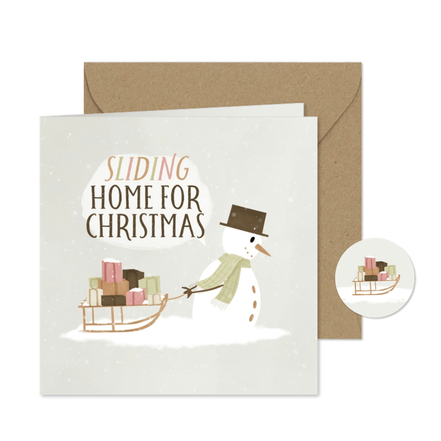 Weihnachtskarte Schneemann mit Schlitten & Geschenken - Karteneindruck
