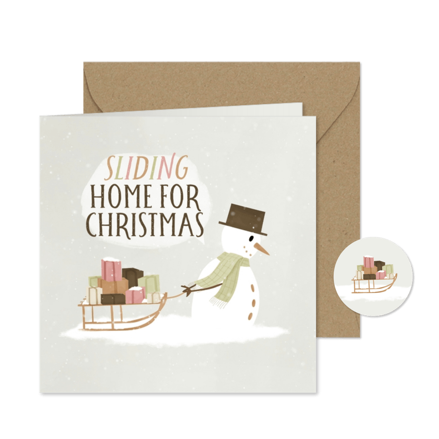 Weihnachtskarte Schneemann mit Schlitten & Geschenken - Karteneindruck