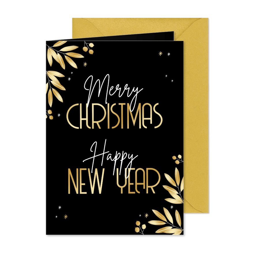 Weihnachtskarte Schrift und Blätter Goldlook - Kartenvorschau
