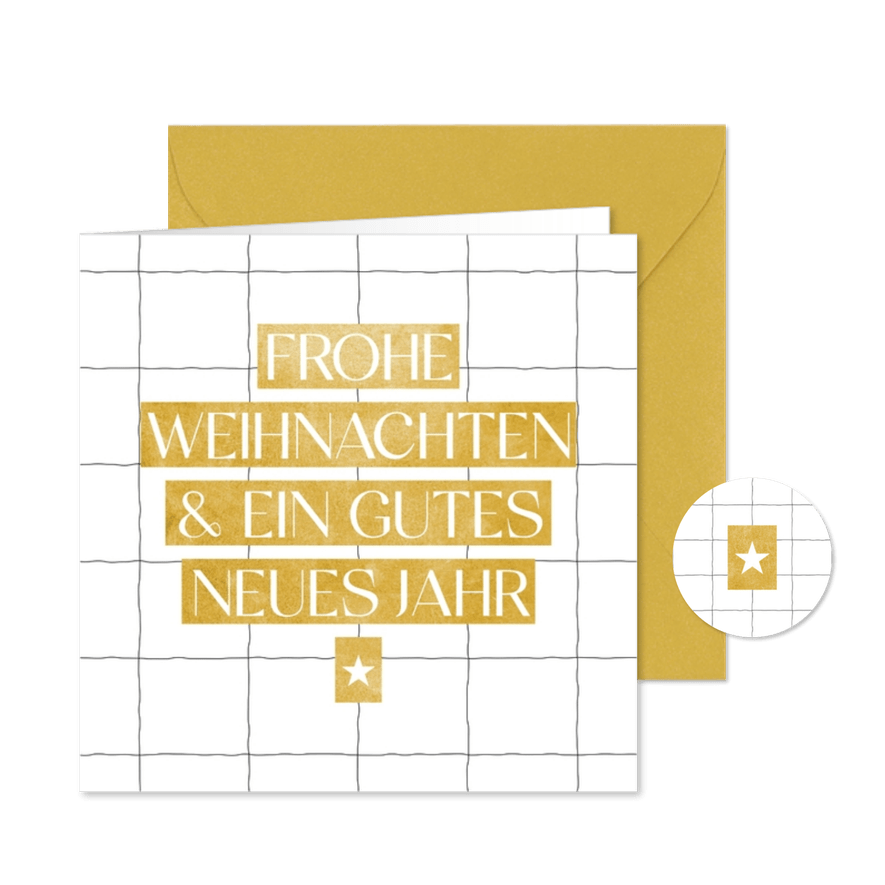 Weihnachtskarte Schriftzug Goldoptik auf Weiß kariert - Karteneindruck