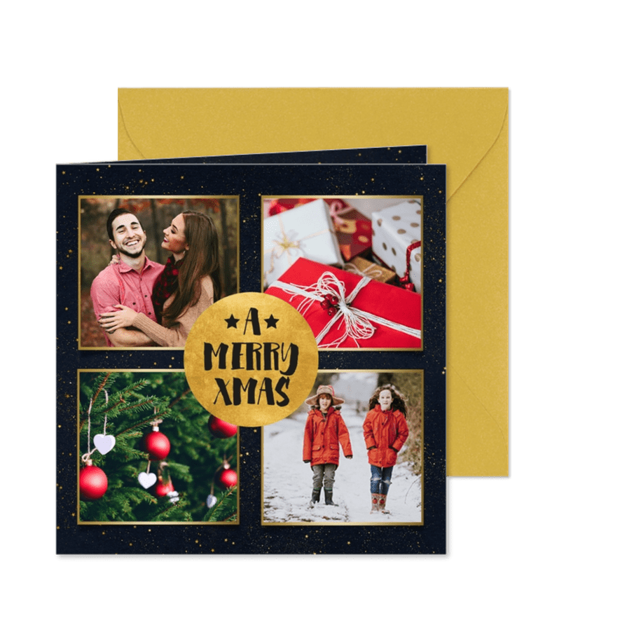 Weihnachtskarte schwarz vier Fotos und schwarze Goldkonfetti - Karteneindruck
