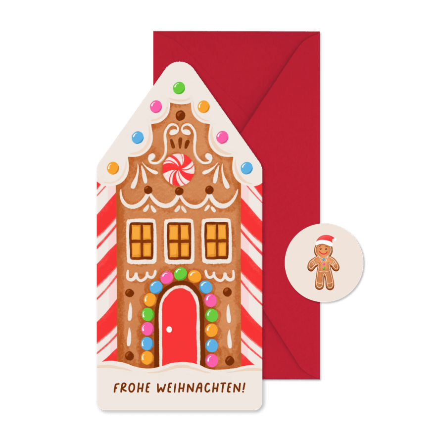 Weihnachtskarte SOS Kinderdörfer rotes Lebkuchenhaus - Kartenvorschau