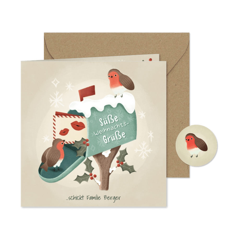 Weihnachtskarte süße Vögelchen mit Briefkasten - Karteneindruck
