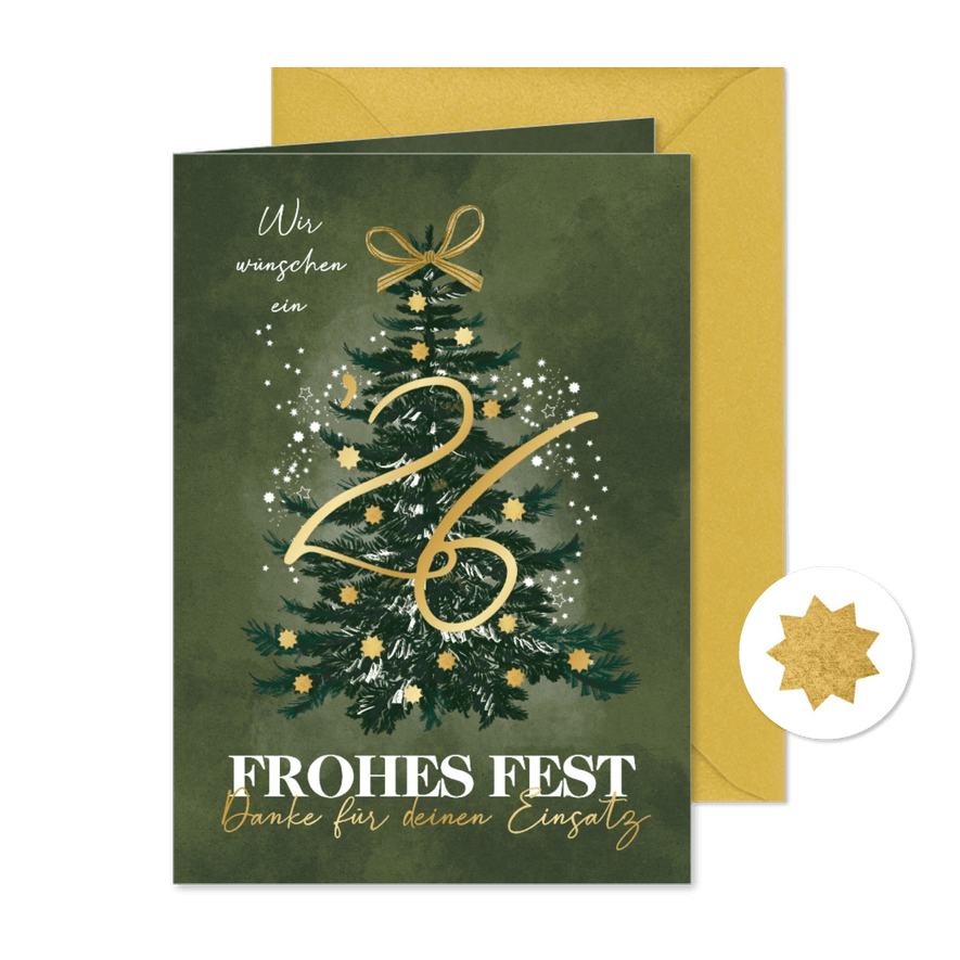 Weihnachtskarte Tannenbaum '26 und Sterne in Gold - Karteneindruck