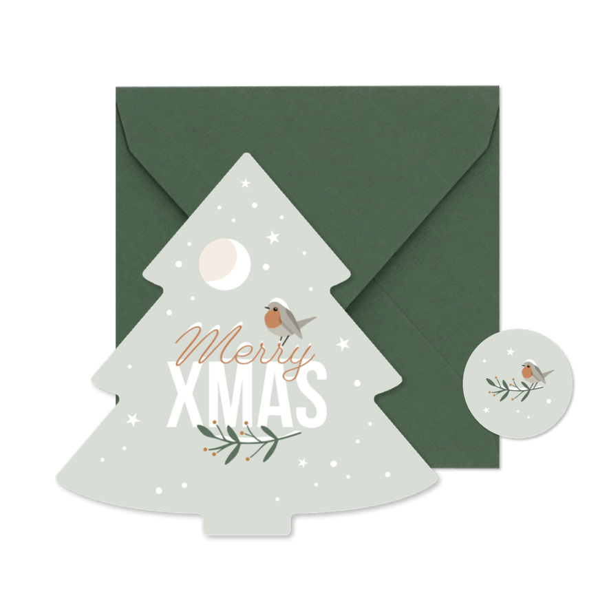 Weihnachtskarte Tannenbaum 'Merry XMAS' Rotkehlchen Winter - Karteneindruck