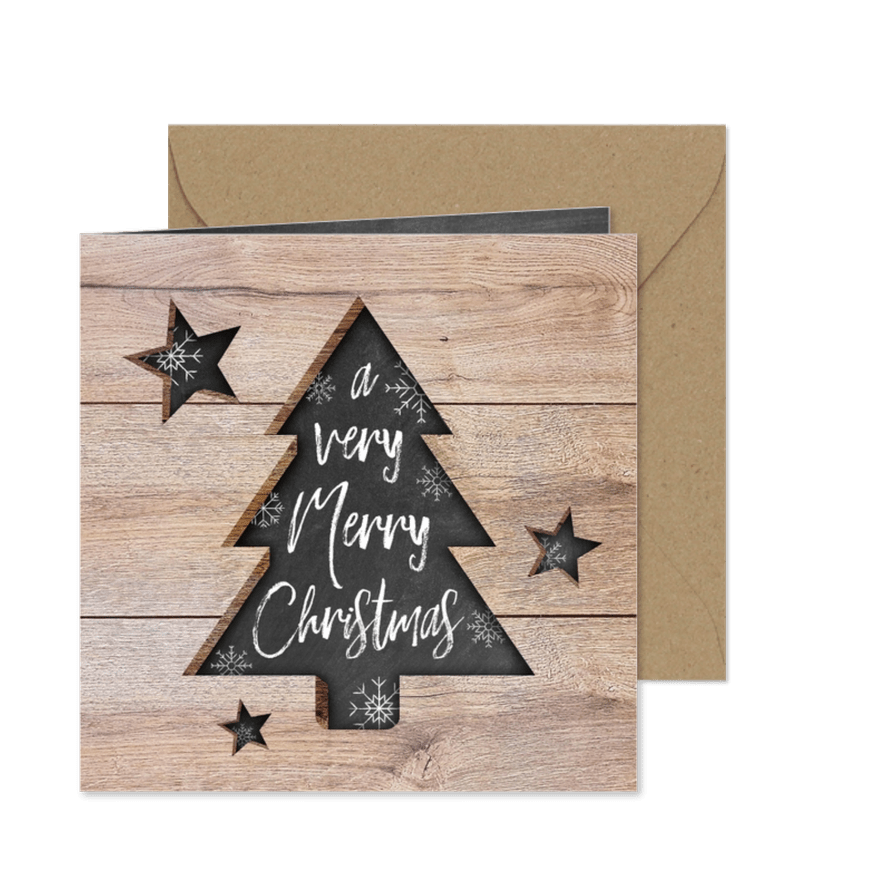 Weihnachtskarte Tannenbaum und Sterne in Holz - Karteneindruck
