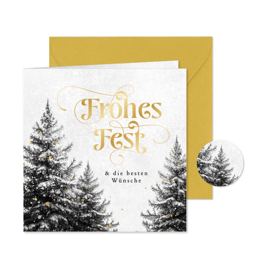 Weihnachtskarte Tannenwald Schwarz Weiss im Schnee - Karteneindruck