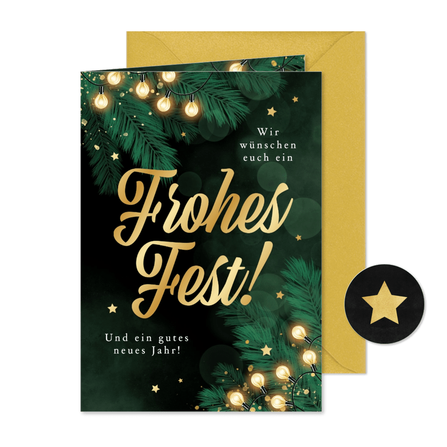 Weihnachtskarte Tannenzweige 'Frohes Fest' Lichterkette - Karteneindruck