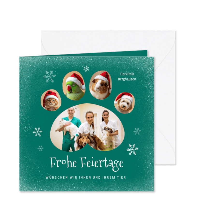 Weihnachtskarte Tierklinik 'Frohe Feiertage' Haustiere - Karteneindruck