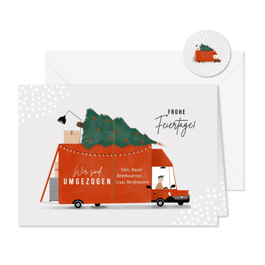 Weihnachtskarte Umzug mit Lastwagen & Weihnachtsbaum - Karteneindruck