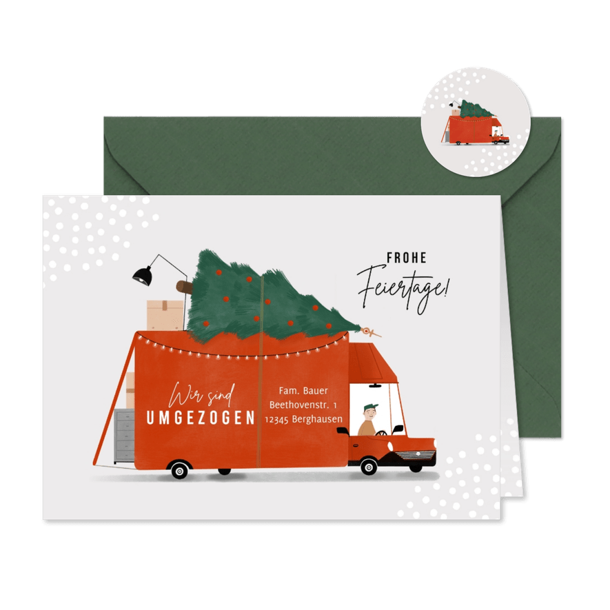Weihnachtskarte Umzug mit Lastwagen & Weihnachtsbaum - Karteneindruck