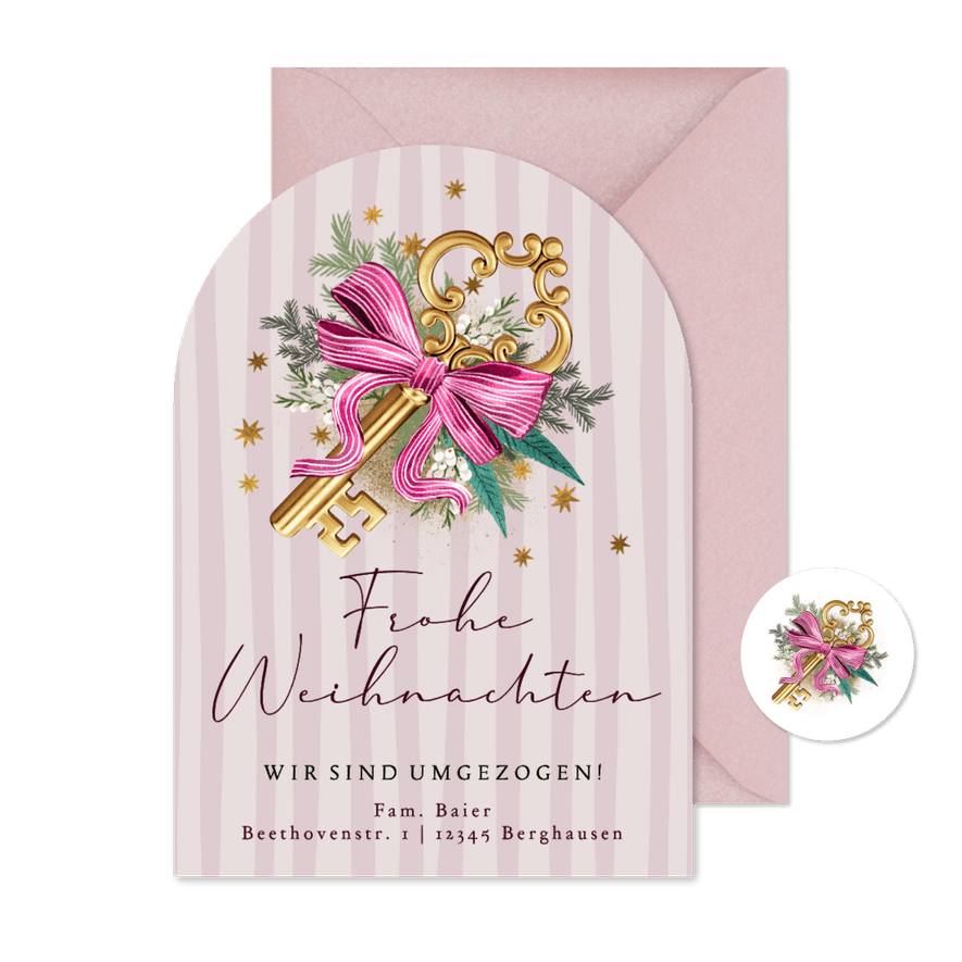 Weihnachtskarte Umzug zu Weihnachten Schlüssel mit Schleife - Karteneindruck
