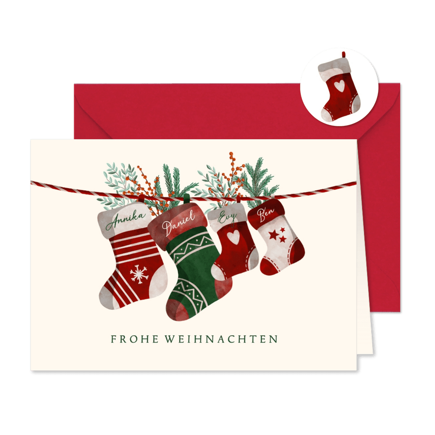 Weihnachtskarte vier Weihnachtssocken mit Namen - Karteneindruck