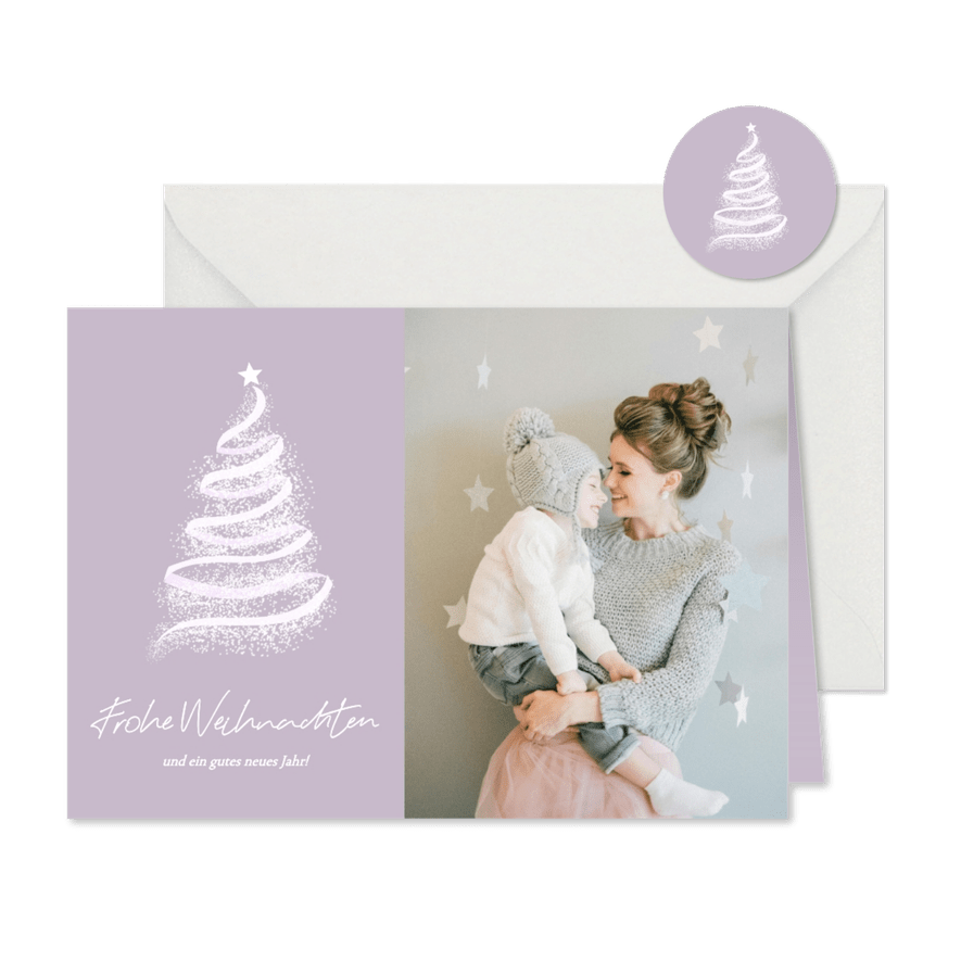 Weihnachtskarte Violett mit Foto und Tannenbaum - Kartenvorschau