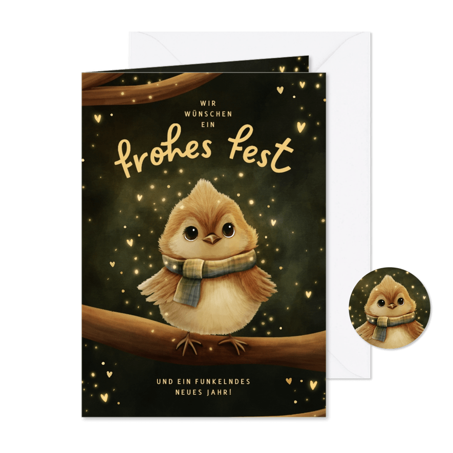 Weihnachtskarte Vogel mit Schal - Karteneindruck
