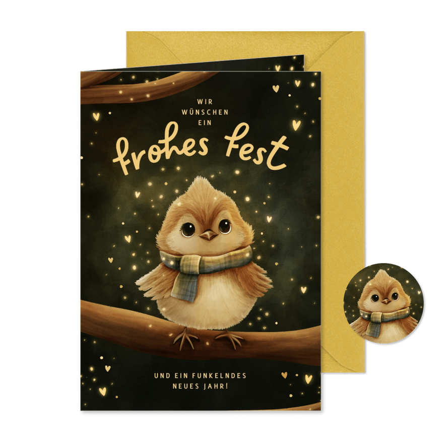 Weihnachtskarte Vogel mit Schal - Karteneindruck
