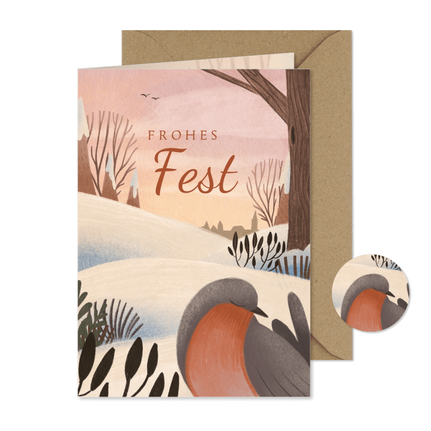 Weihnachtskarte Vogel & Schneelandschaft - Karteneindruck