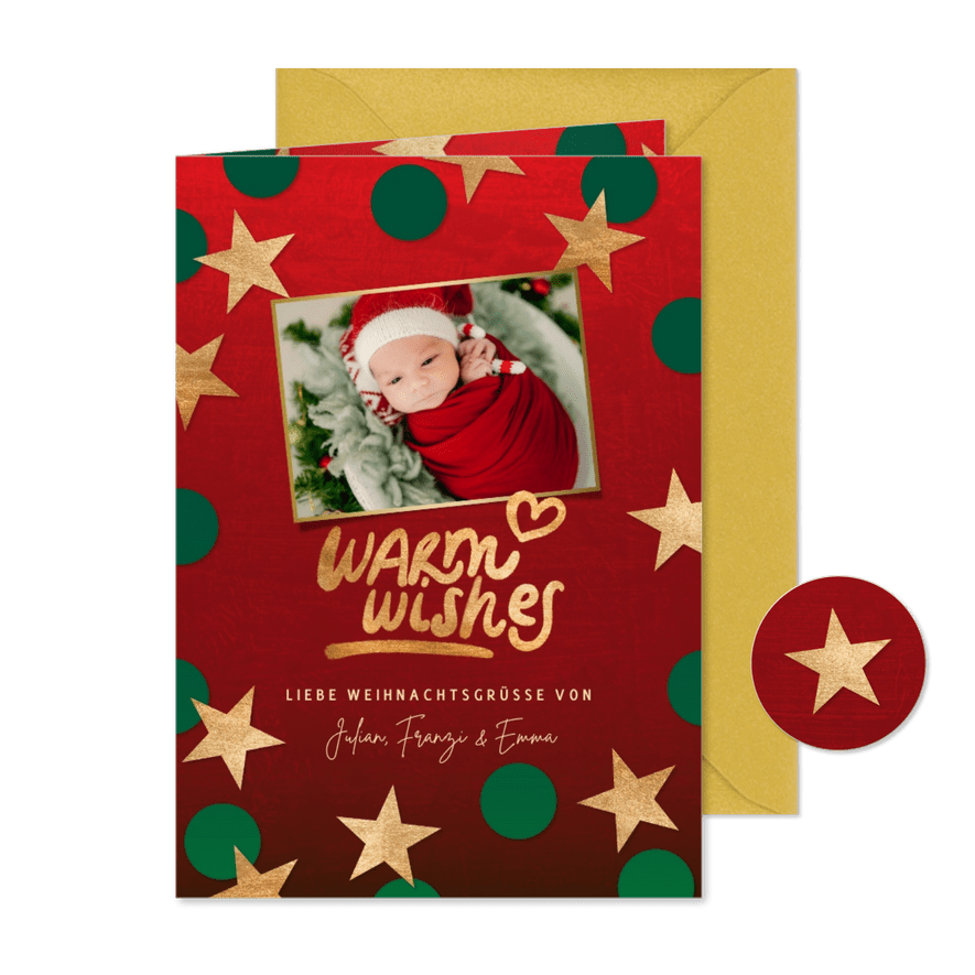 Weihnachtskarte 'Warm wishes' Foto und Sterne - Karteneindruck
