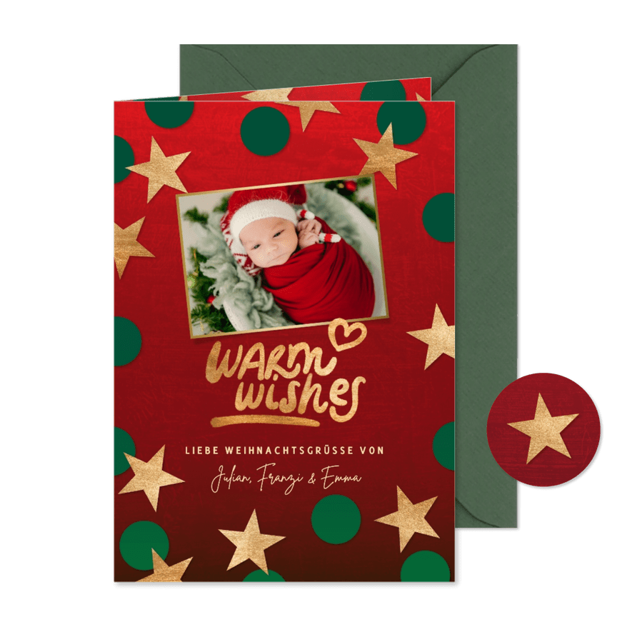 Weihnachtskarte 'Warm wishes' Foto und Sterne - Kartenvorschau