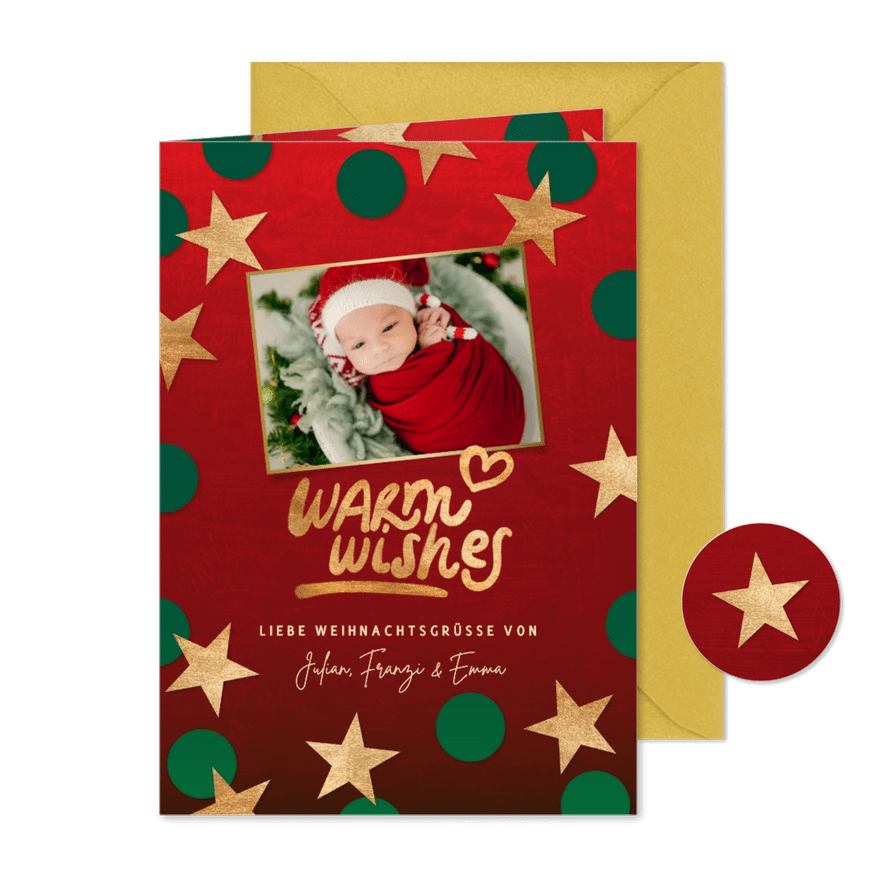 Weihnachtskarte 'Warm wishes' Foto und Sterne - Karteneindruck
