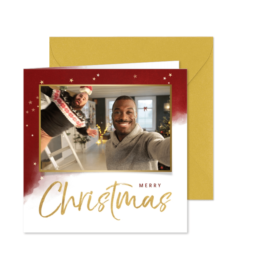 Weihnachtskarte Wasserfarbe rot, Sterne und großes Foto - Karteneindruck