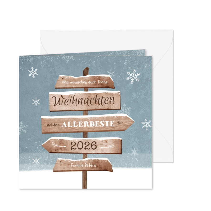 Weihnachtskarte Wegweiser und Schneeflocken - Karteneindruck