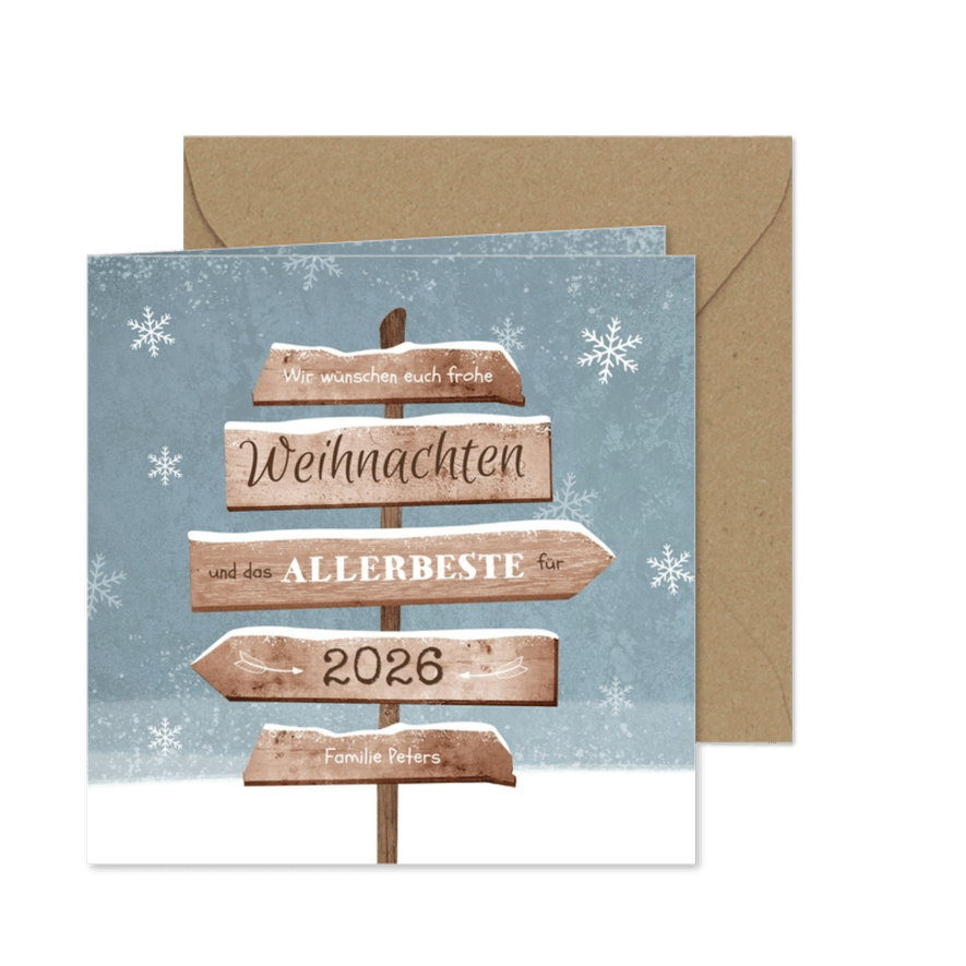 Weihnachtskarte Wegweiser und Schneeflocken - Karteneindruck
