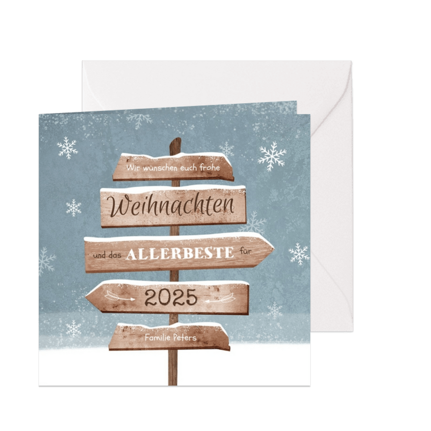 Weihnachtskarte Wegweiser und Schneeflocken - Karteneindruck
