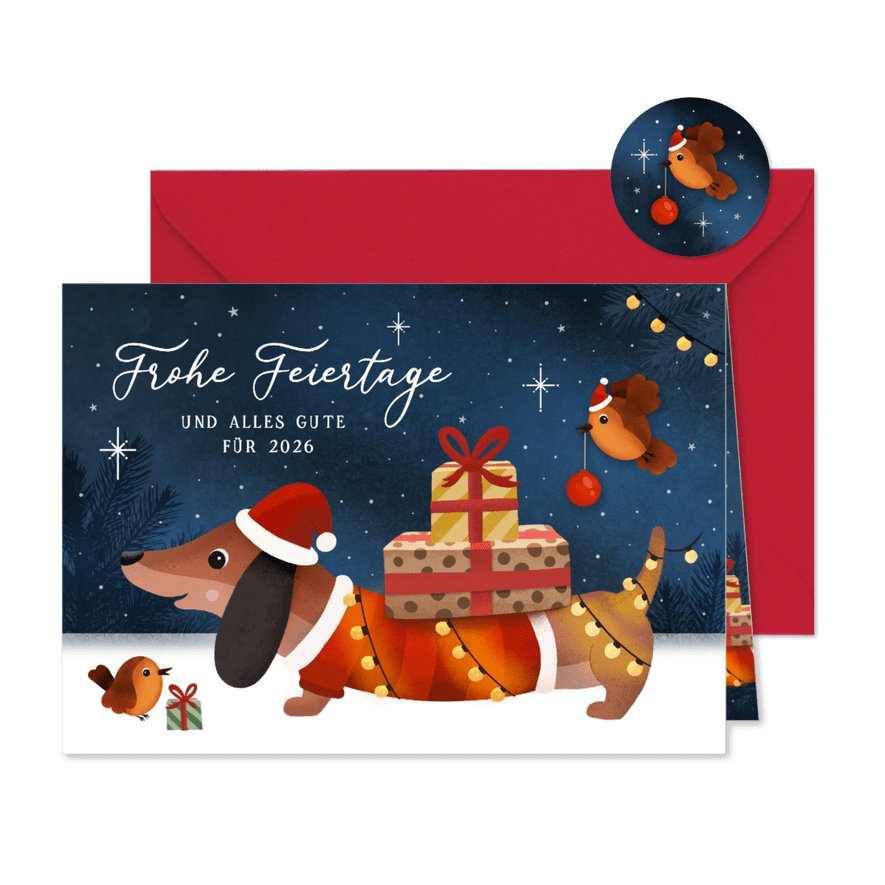 Weihnachtskarte Weihnachtsdackel Geschenke im Schnee - Karteneindruck