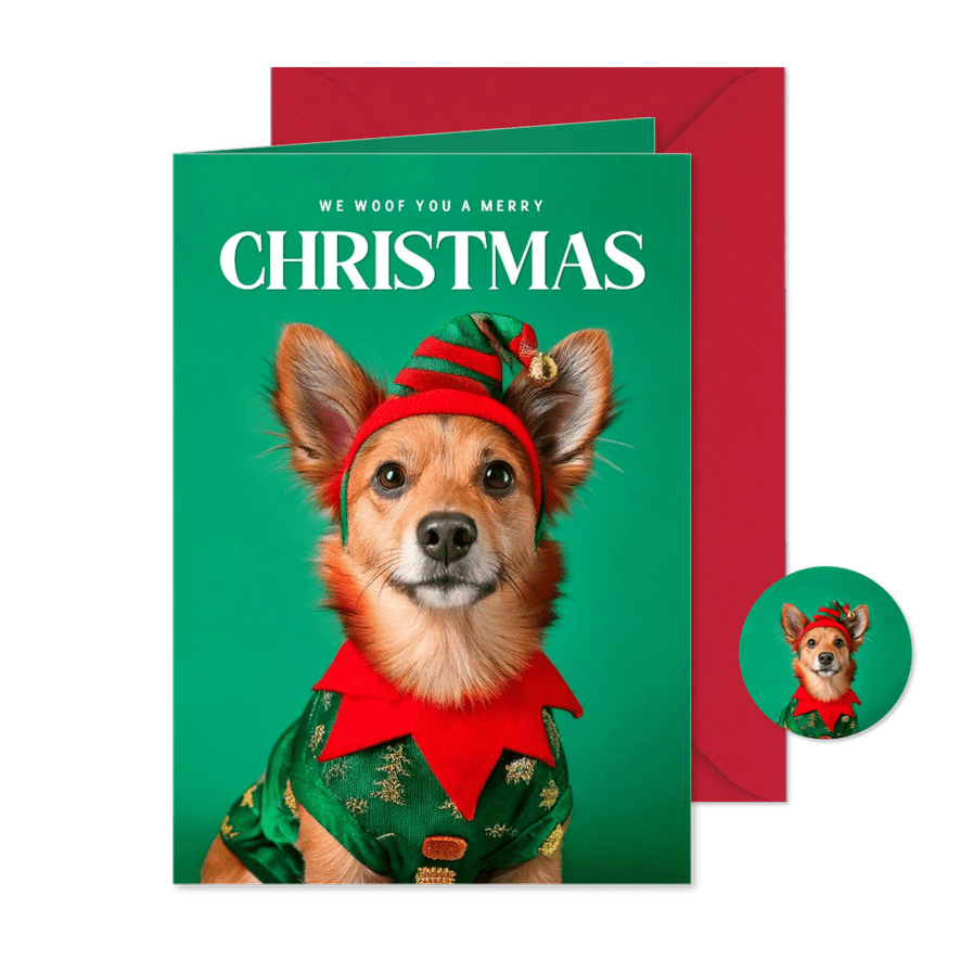 Weihnachtskarte Weihnachtself Hund mit Mütze - Karteneindruck