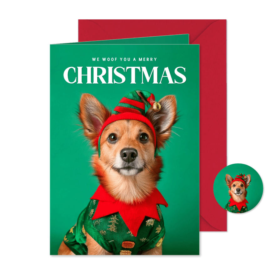 Weihnachtskarte Weihnachtself Hund mit Mütze - Kartenvorschau

