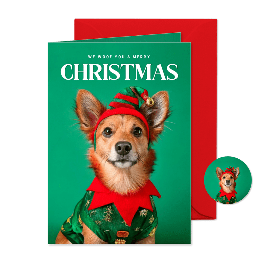 Weihnachtskarte Weihnachtself Hund mit Mütze - Karteneindruck
