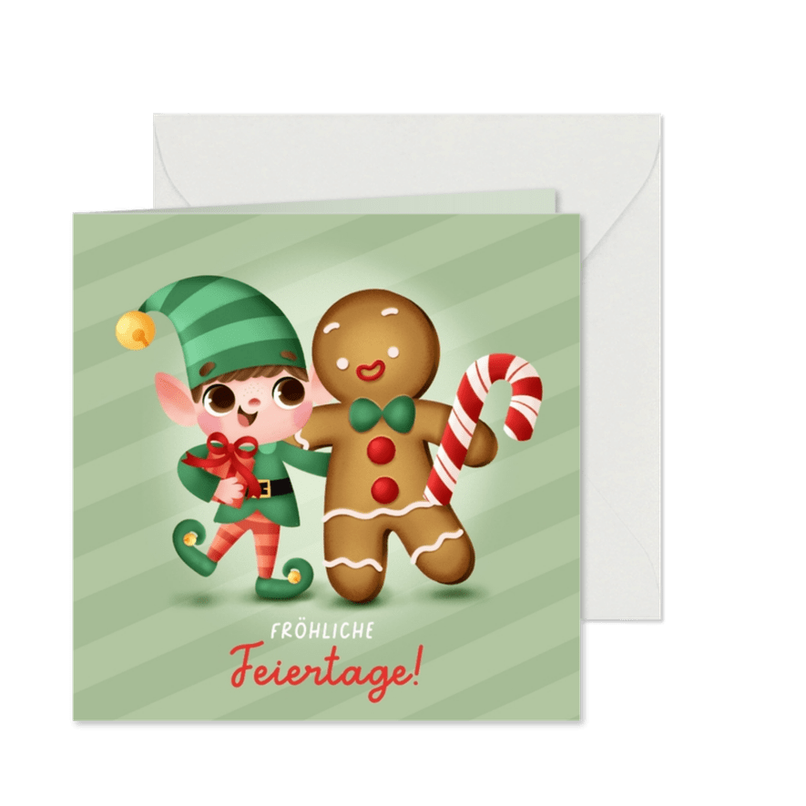 Weihnachtskarte Weihnachtself und Lebkuchenmännchen - Karteneindruck
