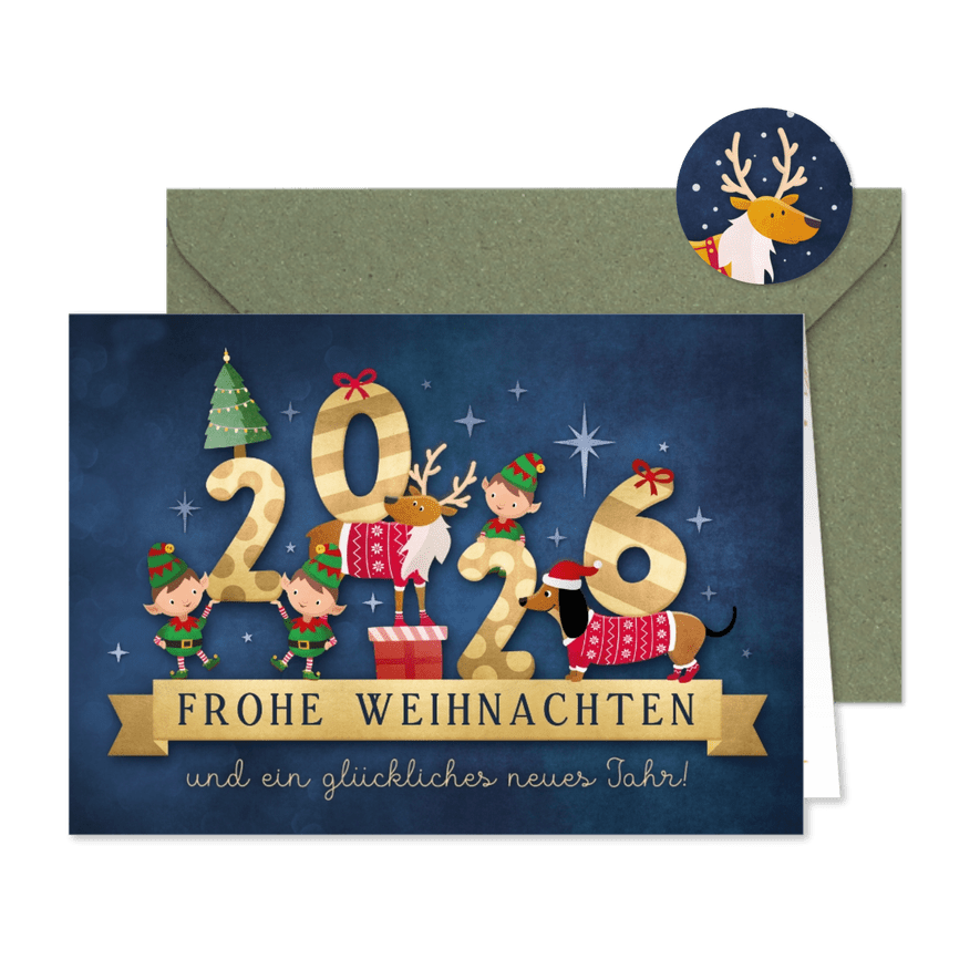Weihnachtskarte Weihnachtselfen, Rentier & Dackel - Karteneindruck
