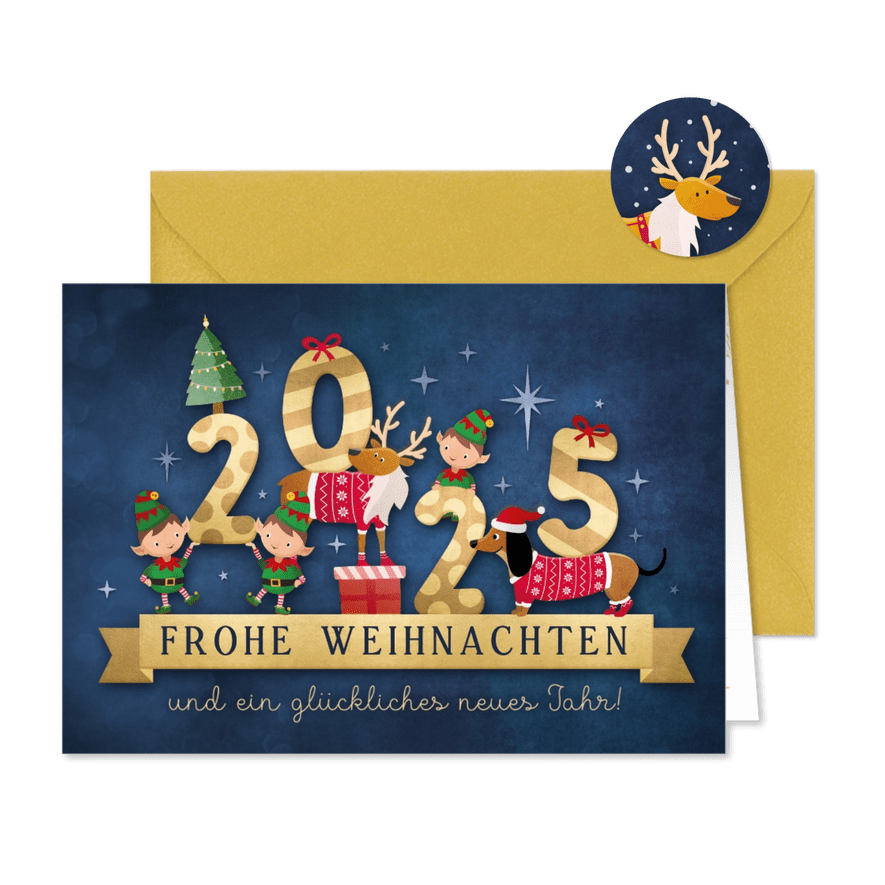 Weihnachtskarte Weihnachtselfen, Rentier & Dackel - Karteneindruck
