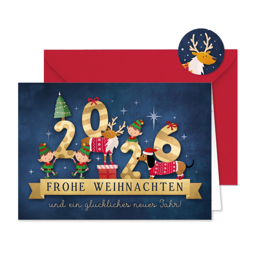 Weihnachtskarte Weihnachtselfen, Rentier & Dackel - Karteneindruck
