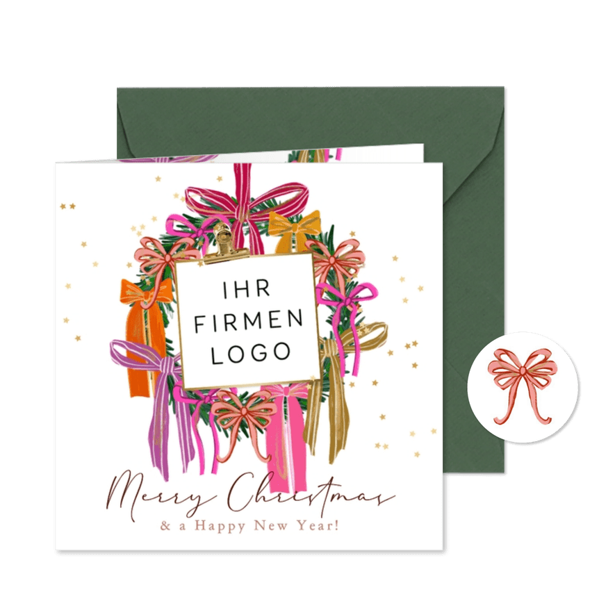 Weihnachtskarte Weihnachtskranz mit Schleifen rosa bunt Logo - Karteneindruck
