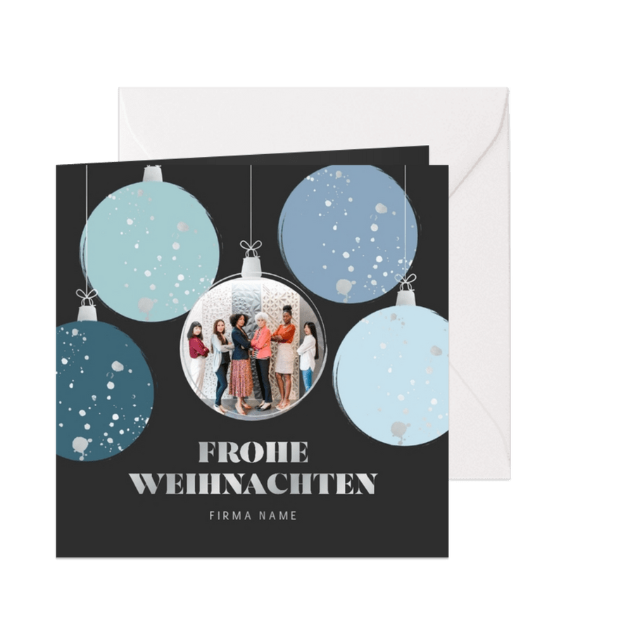 Weihnachtskarte Weihnachtskugeln blau mit Foto - Karteneindruck
