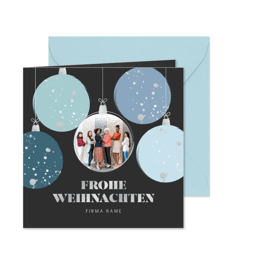 Weihnachtskarte Weihnachtskugeln blau mit Foto - Karteneindruck