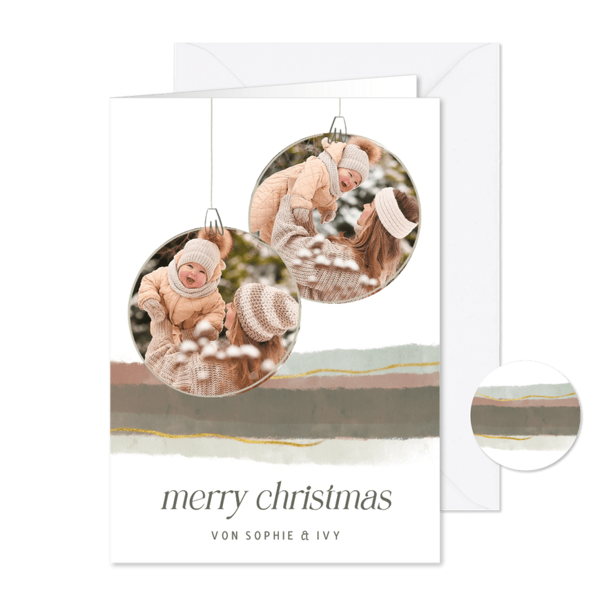 Weihnachtskarte Weihnachtskugeln mit Fotos Aquarellstreifen - Karteneindruck
