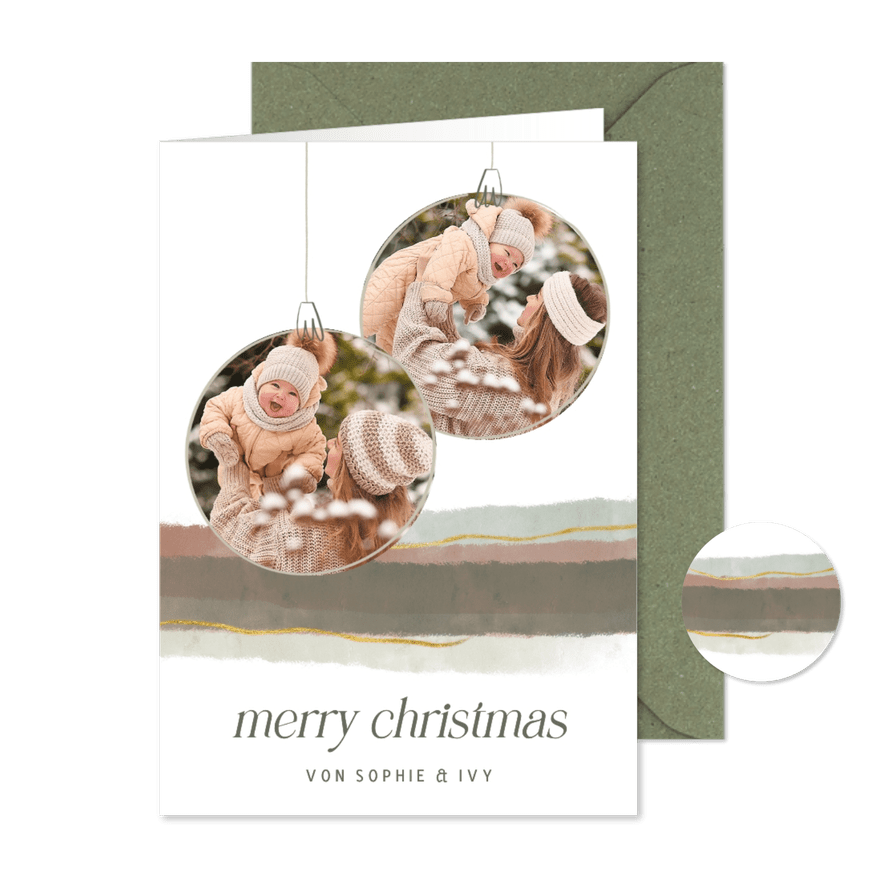 Weihnachtskarte Weihnachtskugeln mit Fotos Aquarellstreifen - Karteneindruck

