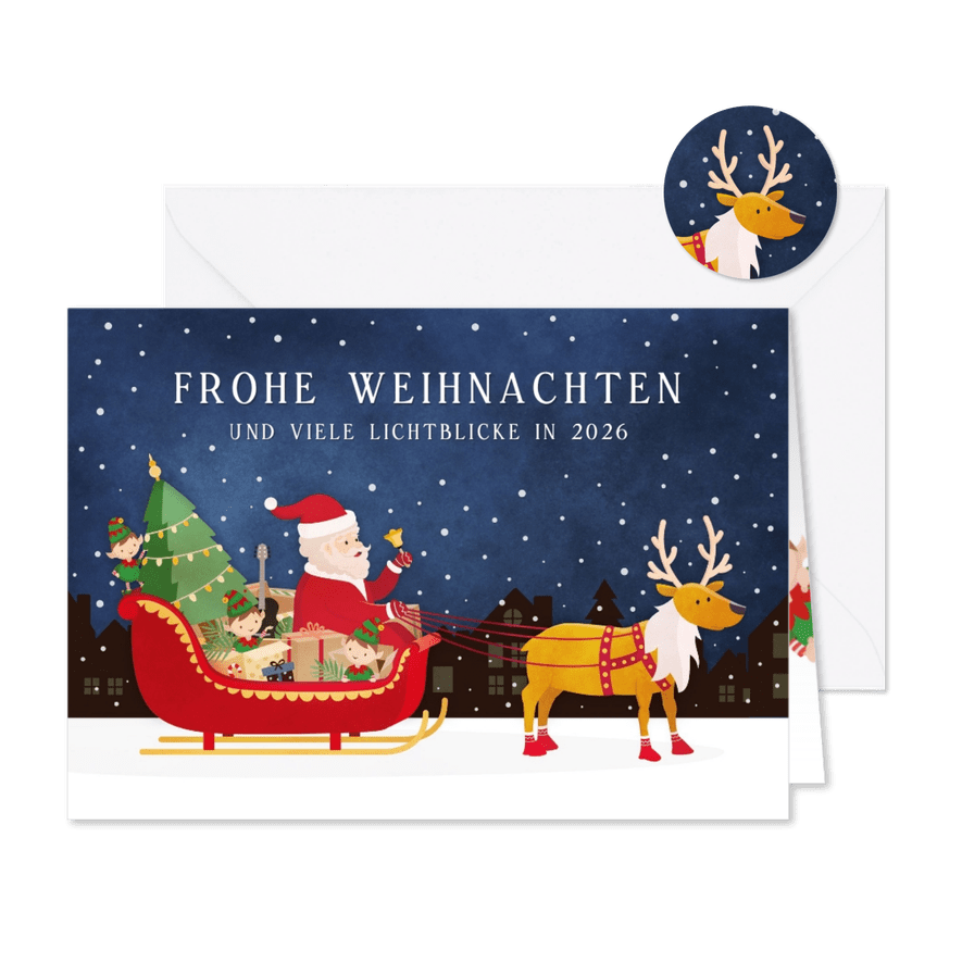 Weihnachtskarte Weihnachtsmann in Schlitten - Karteneindruck