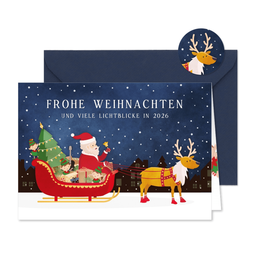 Weihnachtskarte Weihnachtsmann in Schlitten - Karteneindruck
