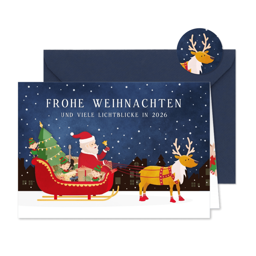 Weihnachtskarte Weihnachtsmann in Schlitten - Karteneindruck